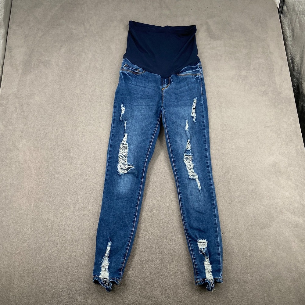 S.O.N.G. Maternity Jeans Womens Small Blue Denim Stretch Distressed Skinny Leg